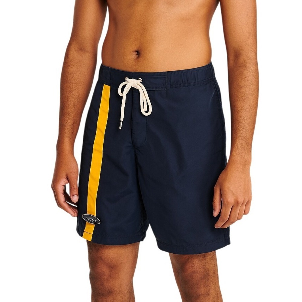 ABERCROMBIE VINTAGE 90s Board Shorts Yellow Stripe Navy Swim Trunks Nylon‎ M
